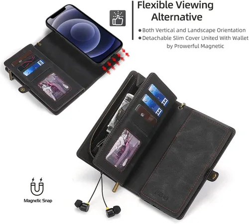 Vista 3 de Asuwish Funda de teléfono para iPhone 12 Mini 5.4 con cremallera, funda desmontable con protector de pantalla de vidrio templado y tarjetero