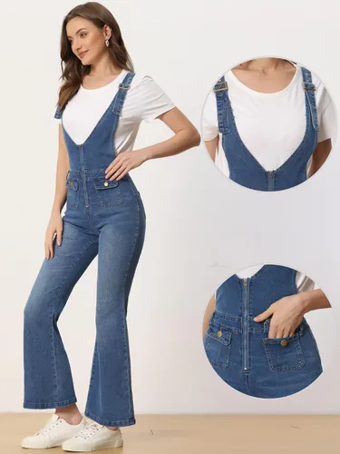 Vista 2 de Allegra K Overol de mezclilla para mujer, estilo casual, ajustable, con pechera acampanada, pantalones de mezclilla