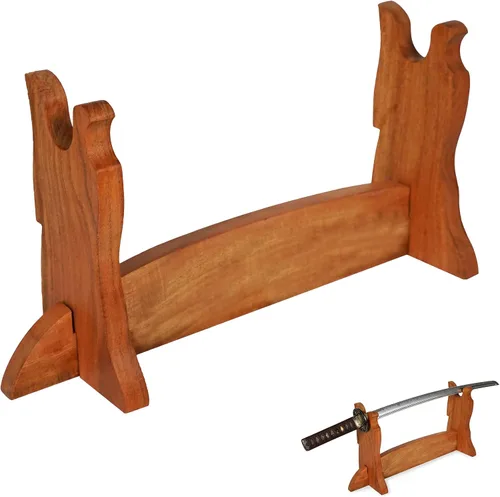 Vista 10 de Mythrojan Soporte de espada medieval de madera maciza horizontal para katana, samurái, gladiador, espadas cruzadas, soporte de mesa elegante, 1 nivel