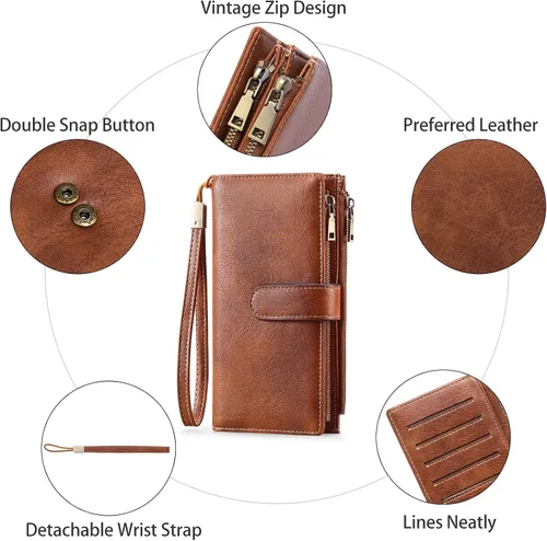 Vista 4 de GOIACII Carteras para Mujer de Gran Capacidad Portador de Tarjetas de Crédito Cartera Rfid Mujer Doble Cremallera Bolsillo Cuero Bifold para Damas