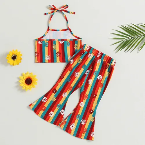 Vista 3 de TheFound Traje de verano para bebé niña pequeña, parte superior con cuello halter, pantalones acampanados, 2 piezas, ropa para recién nacidos