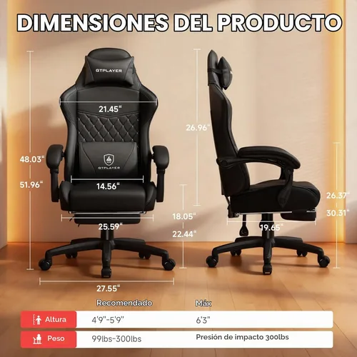 Vista 2 de GTPLAYER Silla para videojuegos, silla de cuero con respaldo alto y reposapiés, silla de oficina ergonómica de altura ajustable con funda extraíble