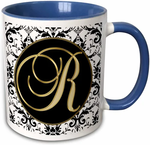 Vista 8 de 3dRose Imagen de la letra R en negro blanco y dorado 11oz taza negra de dos tonos