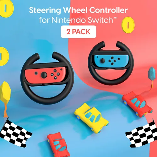 Vista 2 de TALK WORKS Nintendo Switch Racing Wheel Controllers For Joy-Con - Gaming Accessory Driving Grip Compatible w Switch OLED Black Pack of 2