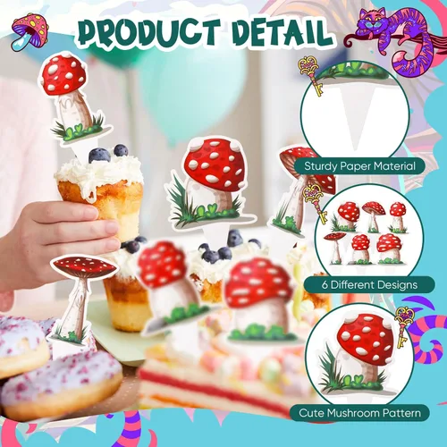 Vista 3 de Didaey 48 piezas de decoración de hongos para cupcakes para fiesta de cumpleaños de hongos, suministros de decoración de pastel de fiesta del país
