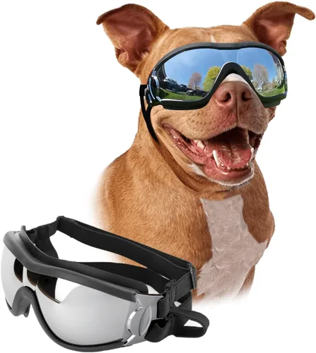 Vista 8 de Gafas de sol para perros de razas grandes, juego de 2 piezas de protección UV negra y transparente, resistente al viento para perros medianos a