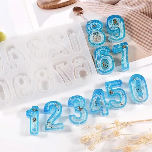 Vista 6 de iSuperb Molde de resina de números, molde de silicona, molde de epoxi para joyería, molde de fundición de bricolaje con 10 películas de sellado