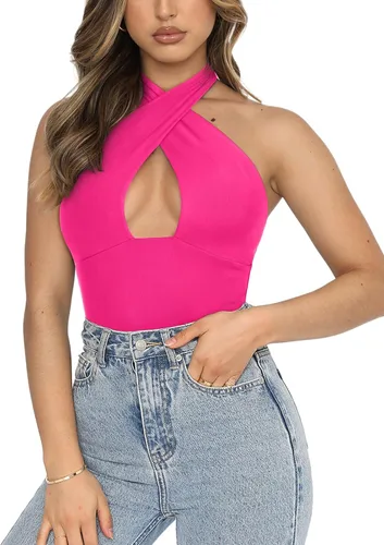 Vista 2 de REORIA Butsmooth - Camiseta ajustada sexy de moda para mujer, con cuello halter cruzado, sin mangas, para discoteca