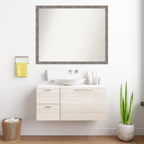 Vista 77 de Amanti Art Silver Bathroom Mirror for Over Sink, 26x35 Custom Made Marred Pewter Rectangle Vanity Mirror, Large Casual Wood Frame, Hangs Horizonally