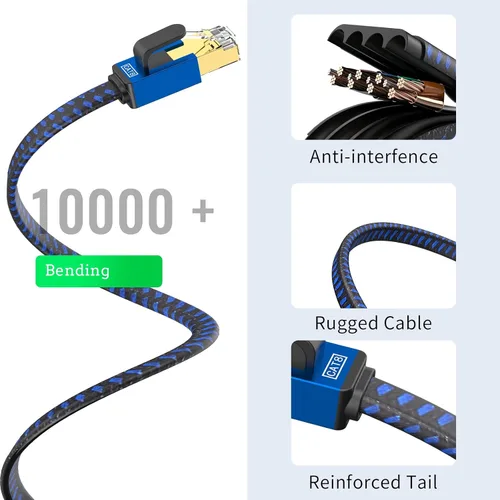 Vista 2 de Cable Ethernet Cat 8 de 5 pies de alta velocidad, cable de red trenzado de nailon, conectores RJ45, cable LAN plano blindado SSTP, cables Ethernet