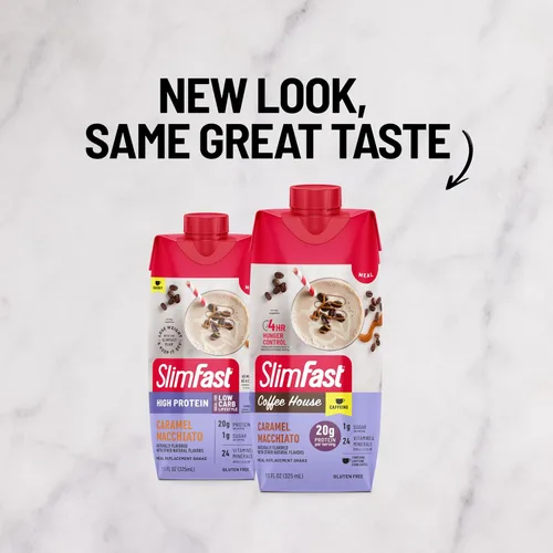 Vista 2 de SlimFast Batido de Proteína con Cafeína, Caramel Macchiato - 20g de Proteína, Batidos de Reemplazo de Comida, Alto en Proteína con Bajo