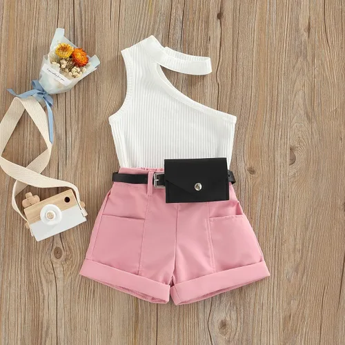 Vista 148 de TheFound Trajes de verano para niñas pequeñas, sin mangas, de punto acanalado, halter, pantalones cortos, ropa para recién nacidos, conjunto de 3