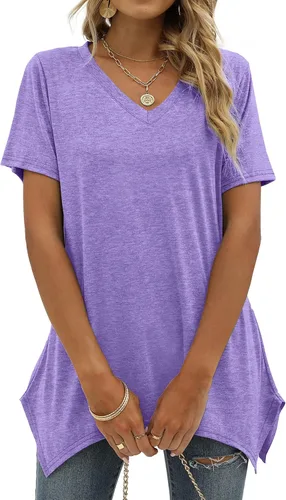 Vista 2 de Alaroo Camisetas básicas de verano para mujer, manga corta, cuello en V, túnica