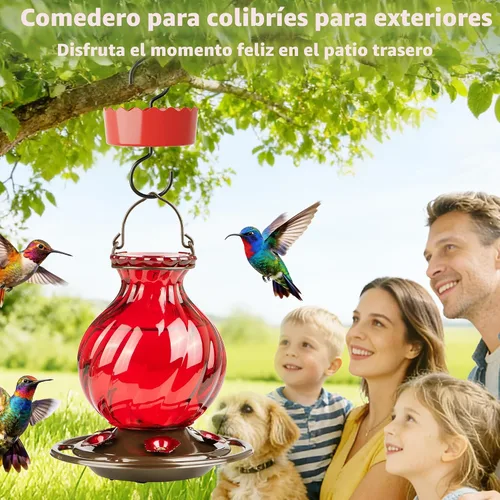 Vista 6 de Auslar - Comedero para colibríes, de vidrio de 26 onzas, para colgar en exteriores, a prueba de hormigas y abejas, foso de hormigas y 5 puertos
