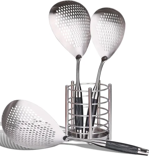 Vista 23 de Skimmer - Cuchara ranurada de acero inoxidable 304 de 16.5 pulgadas para pasta y araña, cuchara para cocinar y freír, cuchara coladora de metal