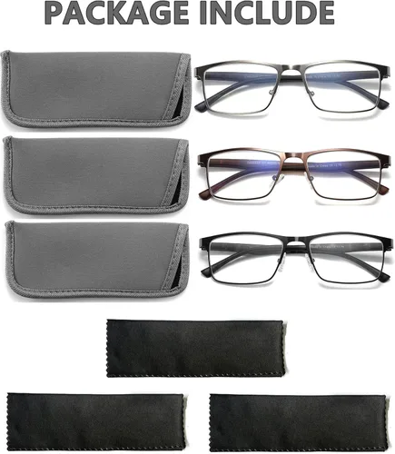 Vista 4 de Paquete de 3 lentes de lectura para hombre, filtro de luz azul, marco completo, lectores de metal, antiUV, fatiga ocular/deslumbramiento