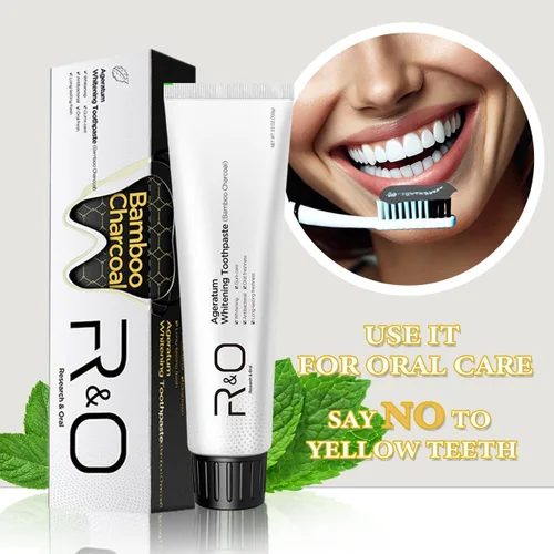 Vista 3 de R&O Ageratum Pasta dental blanqueadora con carbón de bambú, 3.53 onzas, elimina manchas difíciles, ideal para blanquear los dientes, reduce