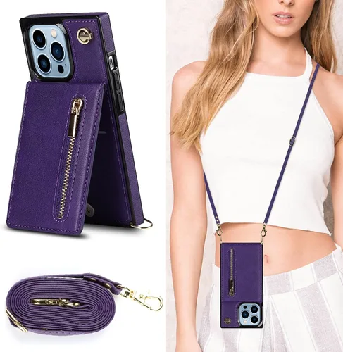 Vista 6 de Funda compatible con iPhone 13 de 6.1 pulgadas, a prueba de golpes, bolsillo con cremallera, correa de hombro, elegante funda protectora para iPhone