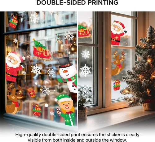 Vista 3 de X-Protector Adhesivos navideños para ventana, juego de 89 piezas, calcomanías navideñas con purpurina para ventana, calcomanías de decoración