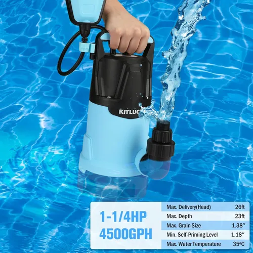 Vista 3 de KITLUCK Bomba de agua sumergible, bomba de sumidero de alto flujo de 1-1/4 HP 4500 GPH con interruptor de flotador, cable de alimentación de 23