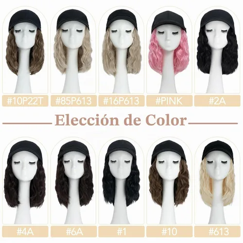Vista 6 de S-noilite Peluca de gorra de béisbol con extensiones de cabello, 8 pulgadas, corta, rizada, ondulada, estilo Bob, peinado, ajustable, con cabello