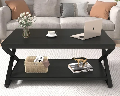 Vista 4 de HSH Mesa de sala de estar de madera de metal minimalista moderna negra con estante de almacenamiento, mesa central rectangular de 39 pulgadas y 2