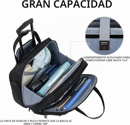 Vista 3 de EMPSIGN - Maletín con ruedas para laptop para mujer, 15.6 pulgadas, color negro Water-Repellent, Airline Approved, Overnight Computer Bag, Rolling