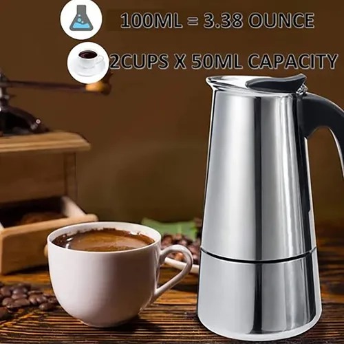 Vista 2 de Cafetera de café expreso para estufa, 3.4 fl oz, 2 tazas, cafetera italiana de acero inoxidable para cocinas de inducción