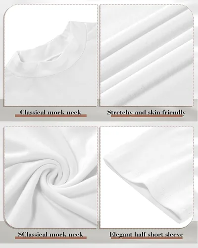 Vista 7 de Paquete de 2 camisetas casuales para mujer, cuello alto falso, camisas de negocios, media manga corta, cuello alto, manga corta, blusa de trabajo