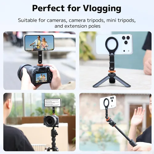 Vista 7 de VRIG MG-40 Soporte magnético para trípode para Magsafe, tres ejes giratorios con rosca de 1/4 y adaptador de zapata fría para cámara, compatible
