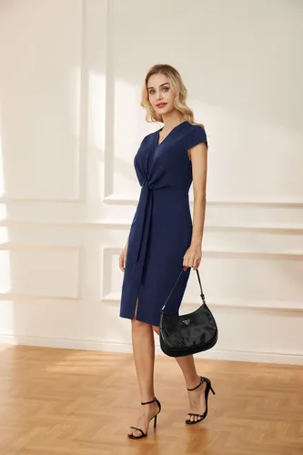 Vista 3 de GRACE KARIN Vestidos midi de verano para mujer, manga casquillo, cintura con lazo, vestido de trabajo con abertura en V y cuello en V, vestido