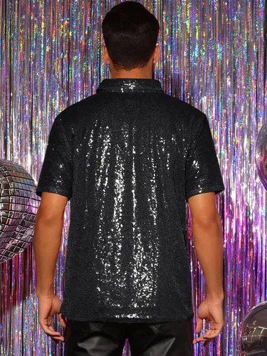 Vista 3 de Lars Amadeus Polo de lentejuelas para hombre, camisas brillantes de golf de manga corta para club y fiesta