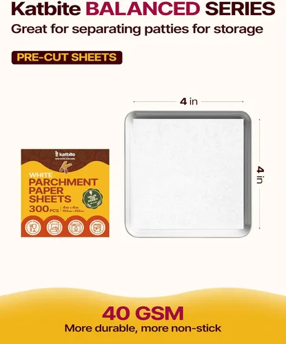 Vista 5 de Katbite Hamburger Patty Paper 300 unidades, hojas cuadradas de papel pergamino antiadherente de 4 x 4 pulgadas para hamburguesas, prensa
