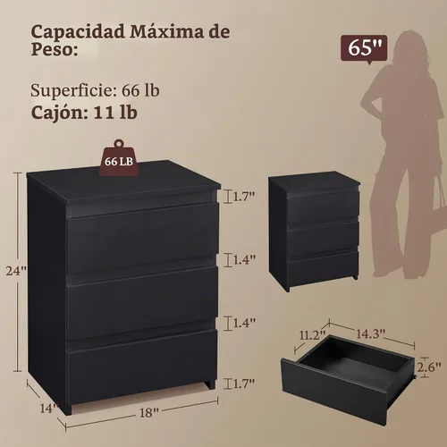 Vista 3 de Yaheetech - Mesita de noche pequeña con 3 cajones, cómoda de almacenamiento para dormitorio, color negro