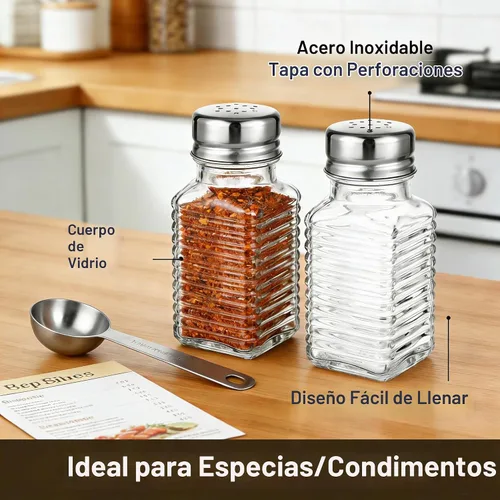 Vista 2 de TOPKITCHEN - Juego de 2 saleros y pimenteros, tarros de vidrio para especias con tapa de acero inoxidable, tarros de condimentos recargables a
