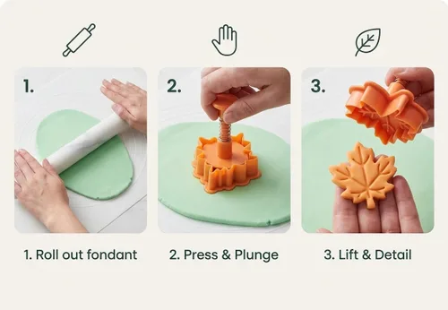 Vista 5 de 4 cortadores de galletas de hojas con sellos de émbolo, moldes de hojas de arce y roble veteado 3D para decoración de corteza de pastel, hornear