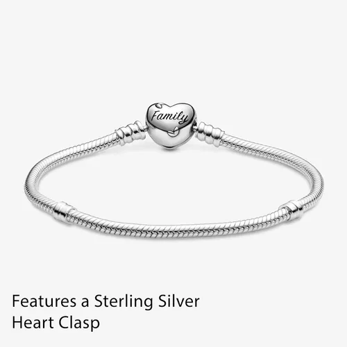 Vista 5 de Pandora Moments Family Tree Heart Clasp Snake Chain Bracelet - Compatible Moments Charms - Sterling Silver, Cubic Zirconia & Black Enamel Charm
