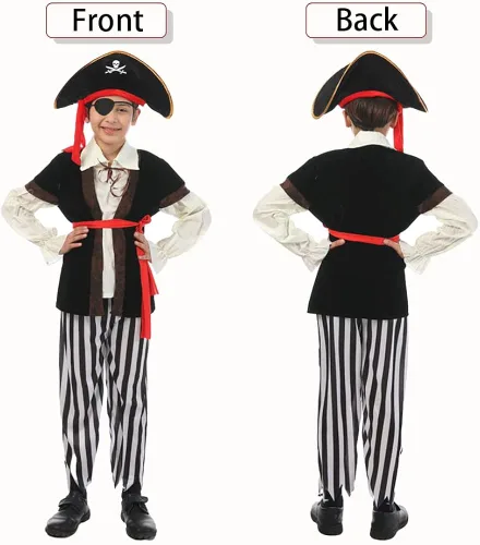 Vista 5 de Qingzhuan Disfraz de pirata para niños, disfraz para niños con sombreros, accesorios de pirata, disfraz para Halloween, fiesta de piratas