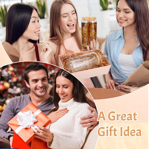 Vista 6 de Bokon 3 tazas de vidrio para regalo de dama de honor de 16 onzas, tazas de café helado floral con tapas de bambú y cepillo para pajitas, lindos