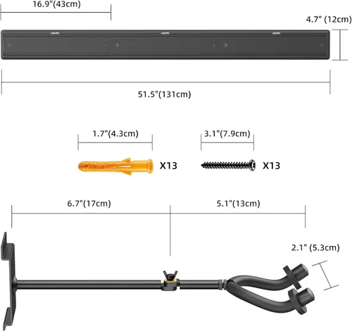 Vista 6 de LEKATO Soporte de pared para guitarra para múltiples guitarras, 5 perchas ajustables, soporte de pared para guitarra, clips fijos, soporte