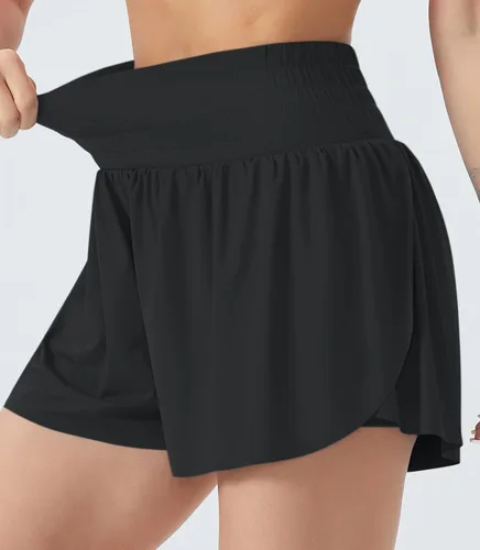 Vista 4 de Wjustforu Pantalones cortos de correr fluidos para mujer, para gimnasio, yoga, entrenamiento, pantalones cortos deportivos con pantalones cortos