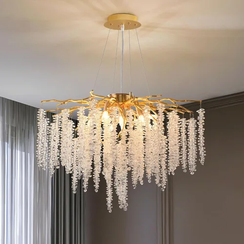 Vista 13 de Lámpara de araña moderna de cristal en forma de gota de lluvia, lámpara lineal negra rectangular de 40' de la serie Art Deco con forma de rama