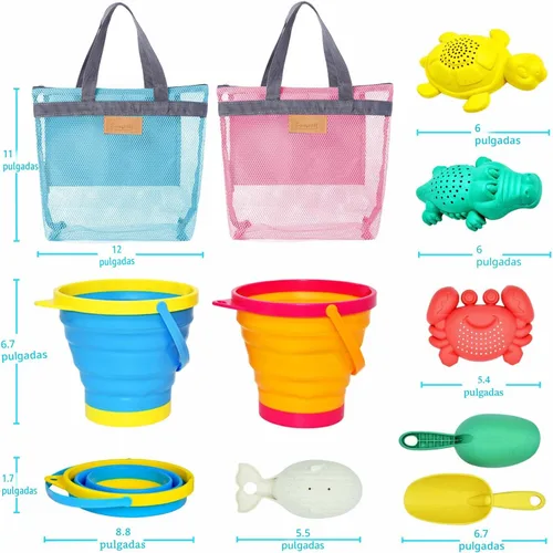 Vista 6 de Juguetes de playa plegables para niños y bebés, juego de cubos de arena y palas plegables con bolsas de malla y moldes de arena, juguetes de arena