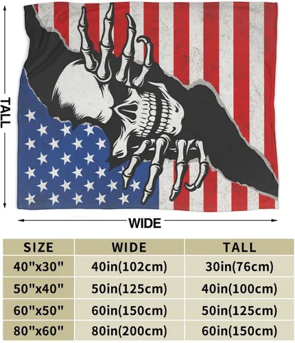 Vista 4 de Manta de Vellón de Esqueleto Gótico Mantas Horribles de Calavera para Niñas y Niños Súper Suave y Cálida de Franela Mantas de Bandera Estadounidense