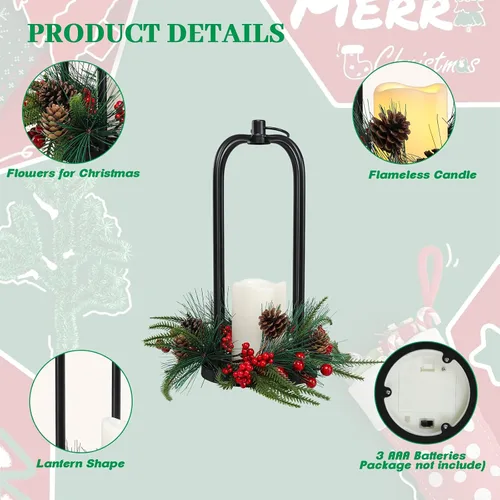 Vista 9 de Farol de Metal Navideño de 15" Faroles de Decoración Navideña para Exteriores con Vela LED Sin Llama Soporte Colgante, Farol Colgante Decorativo