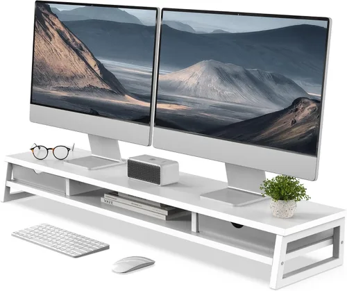 Vista 13 de Fenge Soporte de monitor doble, elevador de monitor con cajón, soporte de monitor de computadora grande de 42.5 pulgadas para 2 monitores, estante