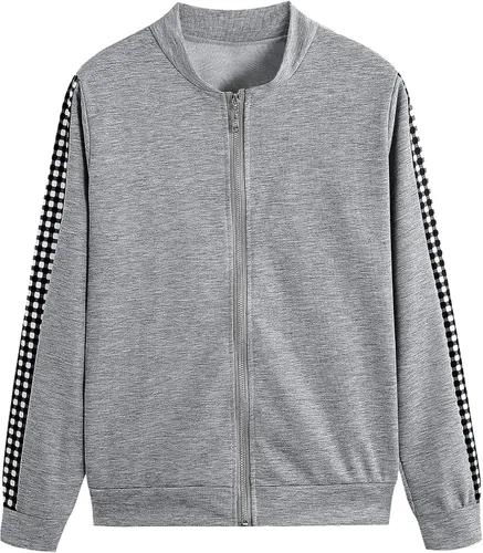 Vista 3 de Conjunto de dos piezas para mujer, para otoño e invierno, casual, manga larga, abrigo a cuadros en contraste, conjunto de ropa deportiva