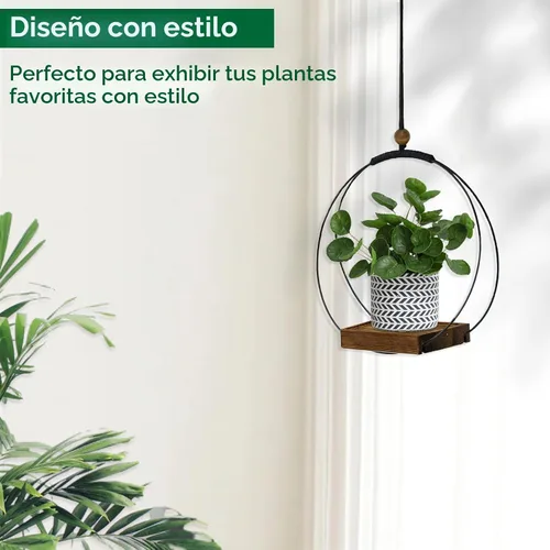 Vista 5 de Maceta colgante para plantas de interior, colgador de plantas negro para interiores con base de madera resistente, colgador de plantas de macramé