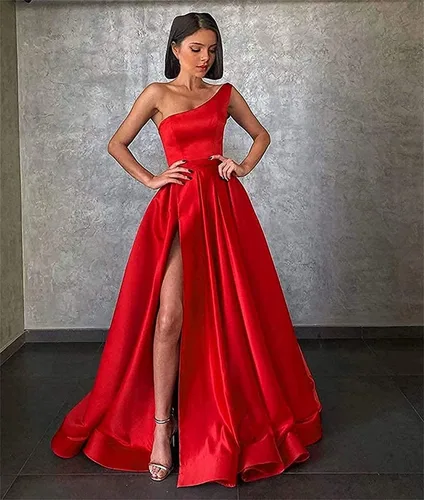 Vista 2 de GUKARLEED Vestido de fiesta largo con un hombro para mujer, vestido de baile largo con abertura alta, corsé de satén, vestidos formales, vestido