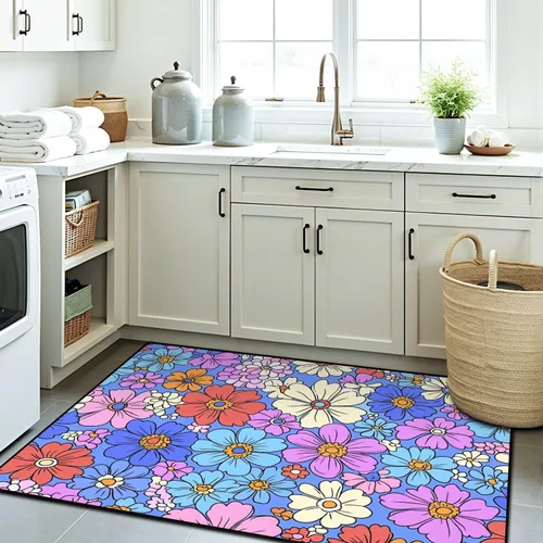 Vista 8 de Alfombra colorida estilo retro de los años 60 y 70 dibujada a mano, floral, lila, púrpura, flores, alfombra de juego para exteriores, alfombra